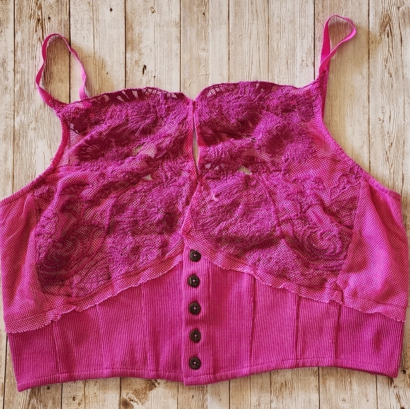 Free People HavebMy Heart Crop lace top cotton camisole women's XL pink - Picture 1 of 4